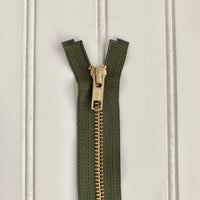 YKK Metal Jacket Zipper - Army Green & Gold